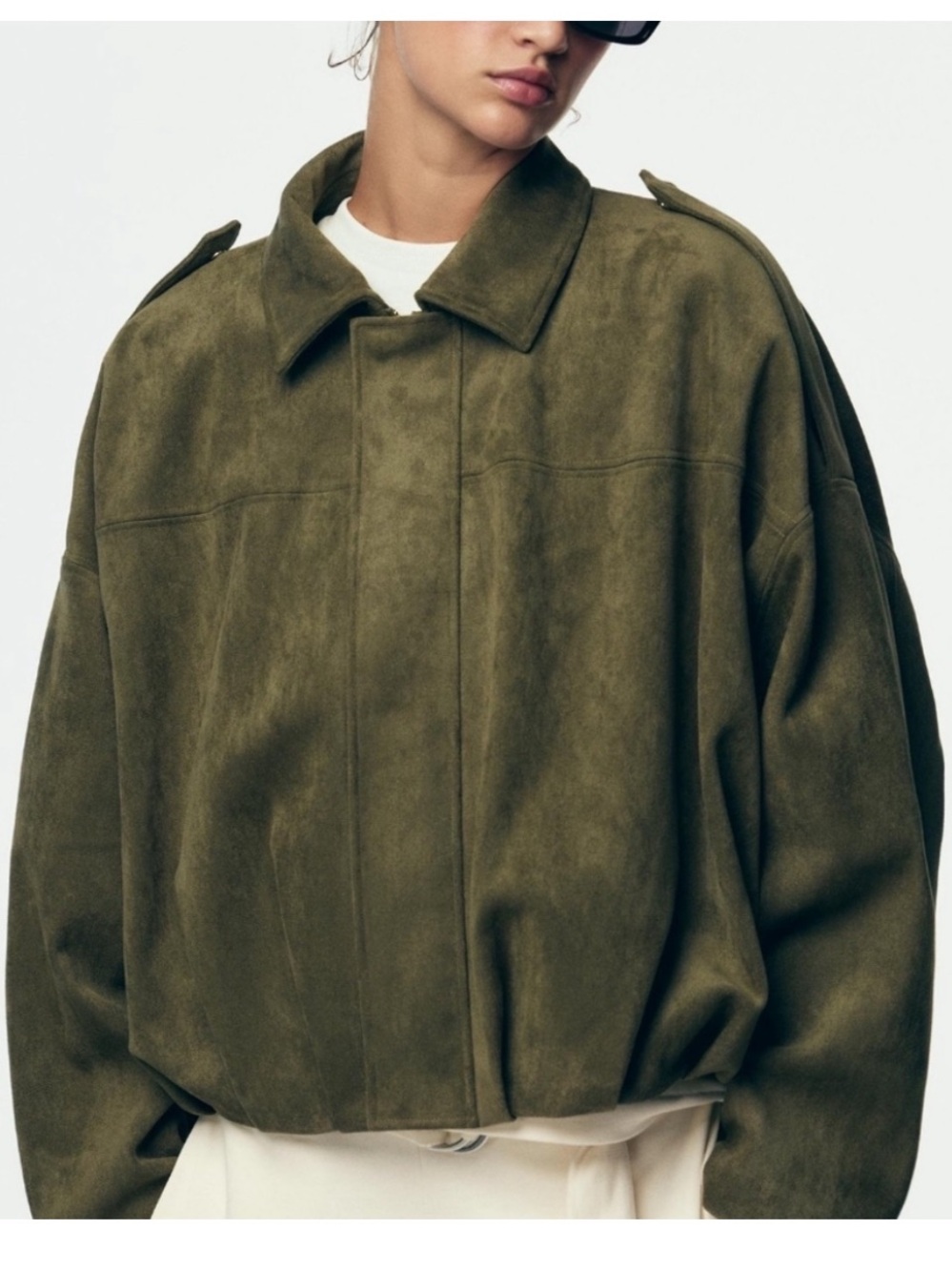Zara Olive Green Suede Oversized Bomber Jacket Military Small